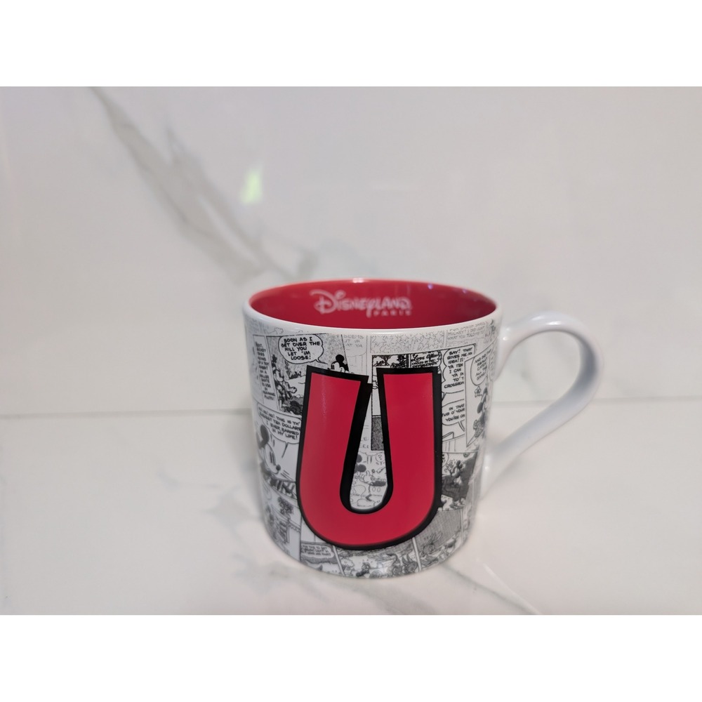 Disneyland Paris Mickey Mouse Comic Strip Letter U Coffee Mug Red White Black